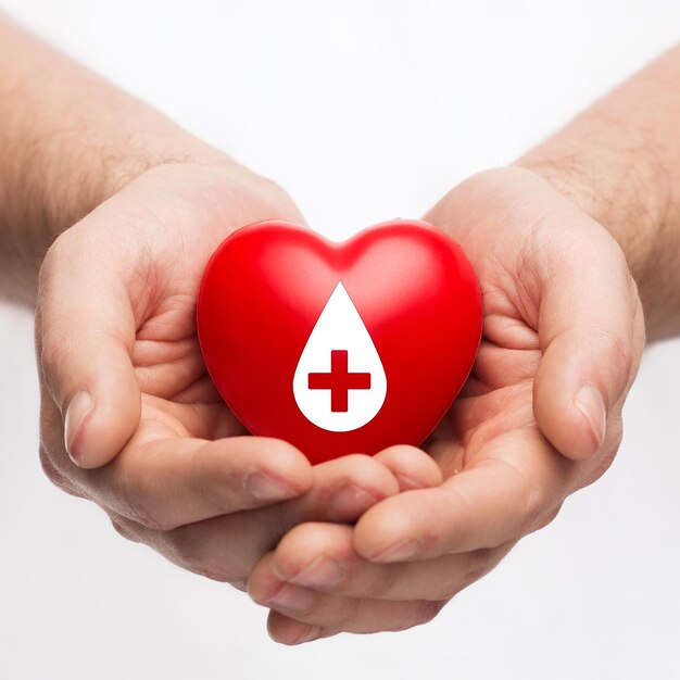 healthcare medicine blood donation concept male hands holding red heart with donor sign 380164 104707
